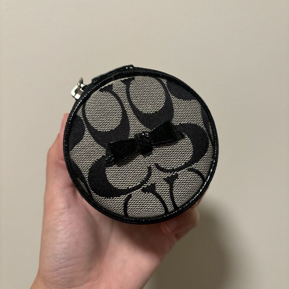 COACH Jewelry Travel Pouch Case CC Logo Signature Bow w Mirror Black Grey